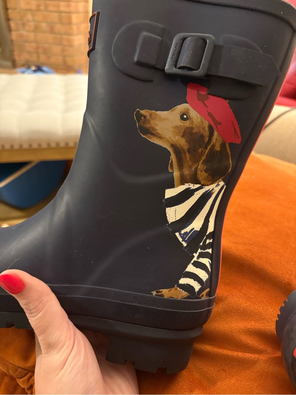 Joules Navy Dachshund Welly Rain Boots w/ Striped shirt on and Red beret